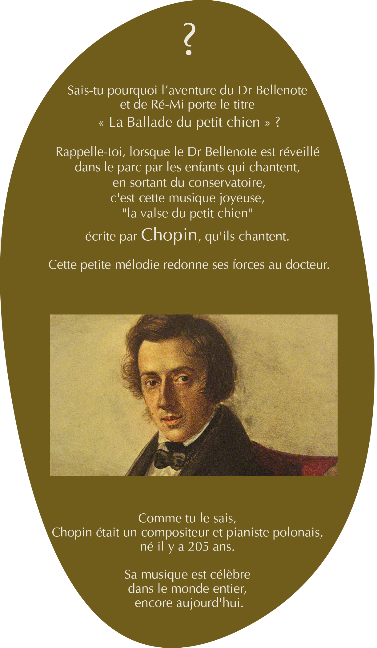 Bienvenue dans l'aventure du Dr Bellenote et de Ré-Mi. Sais-tu pourquoi leur aventure porte le titre «&nbsp;La Ballade du petit chien&nbsp;»&nbsp;? Rappelle-toi, lorsque le Dr Bellenote est réveillé dans le parc par les enfants qui chantent, en sortant du conservatoire. C'est cette musique joyeuse, «la valse du petit chien» écrite par Chopin, qu'ils chantent. Cette petite mélodie redonne ses forces au docteur